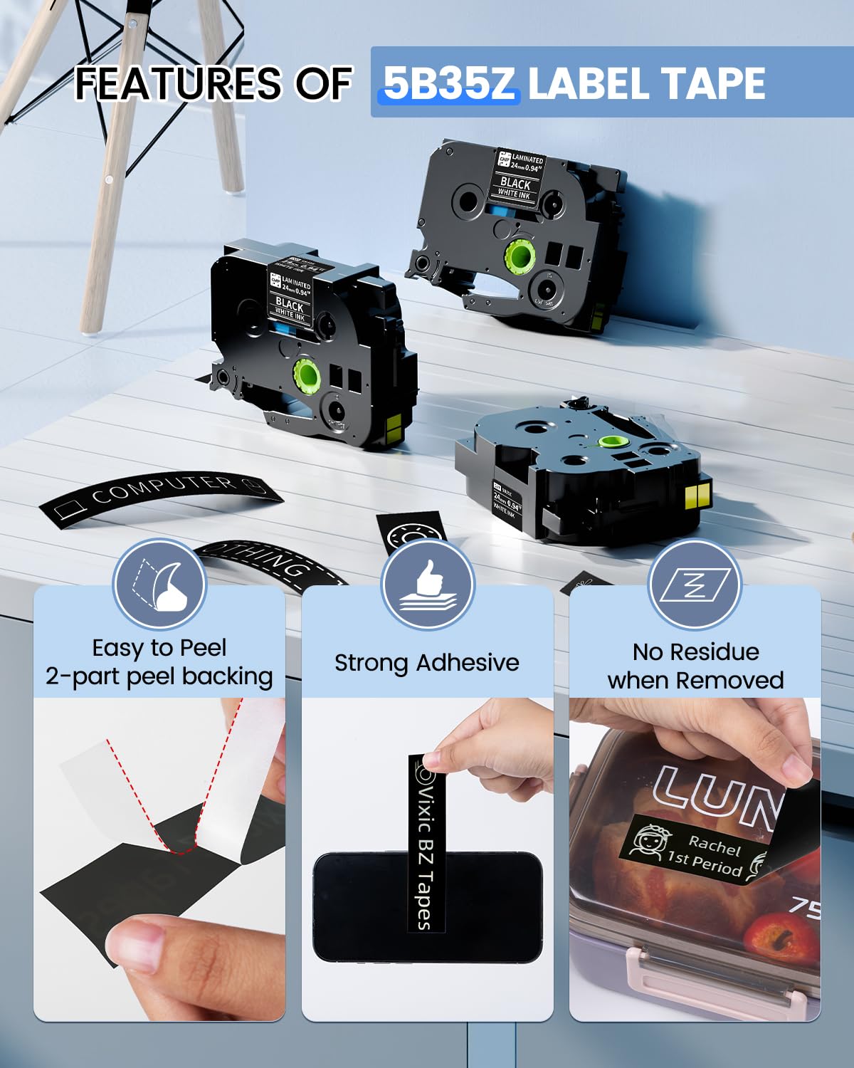 Vixic 24mm Label Tape Black BZ Tape Laminated for P780BT Labeler TZe-355 Compatible with Brother P Touch TZe Tape White on Black 0.94 for PT-D610BT PT-710BT D600 P700 PTP750W PT-D600VP Label Makers