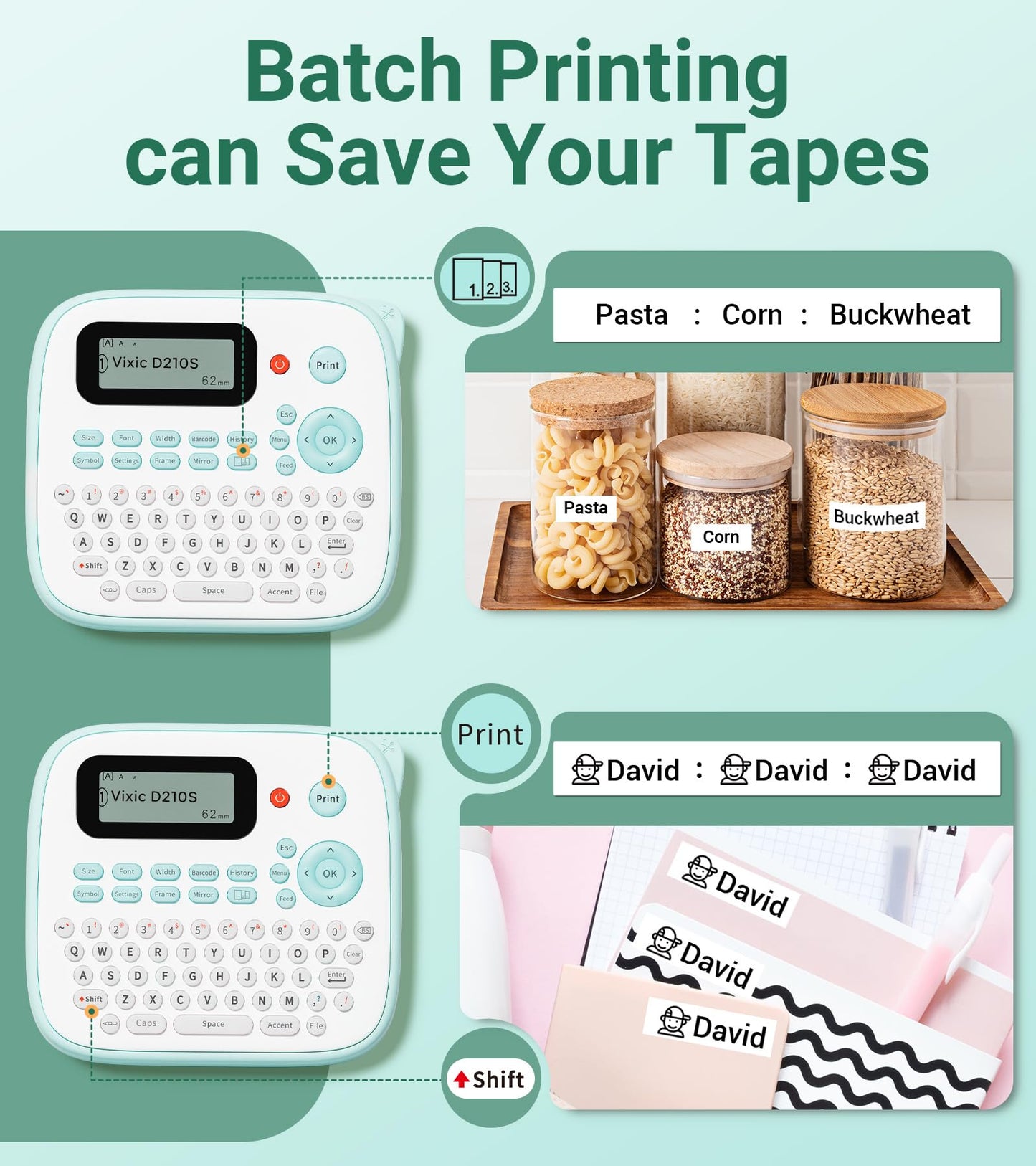 Vixic Label Maker, D210S Label Maker Machine with 4 Laminated Tapes, 12mm Labeler Labelmaker with QWERTY Keyboard, Print Different Fonts Frame Barcode for Home Office School, Green