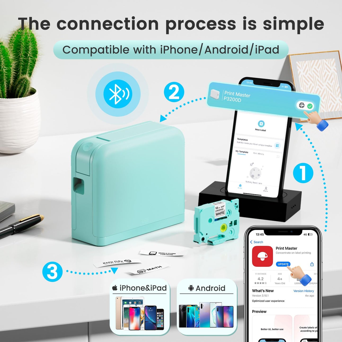 Vixic P3200D Bluetooth Label Maker with Tape - Portable Handheld Label Printer with Multiple Editing Modes for Home School Office