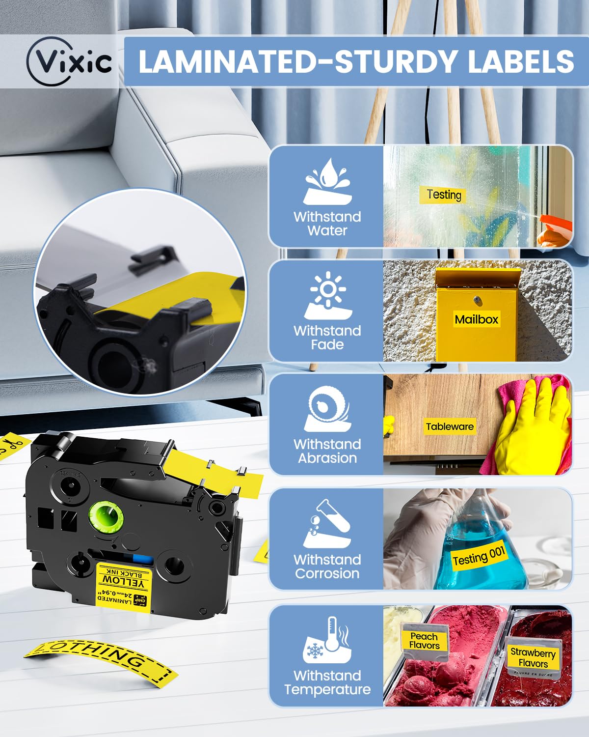 Vixic TZe-651 24mm Yellow BZ Tape 5B61Z 0.94 Laminated 1 Inch for Vixic P780BT & Ptouch PT-D600 PT-D610BT PT-P710BT PT1880 Label Maker