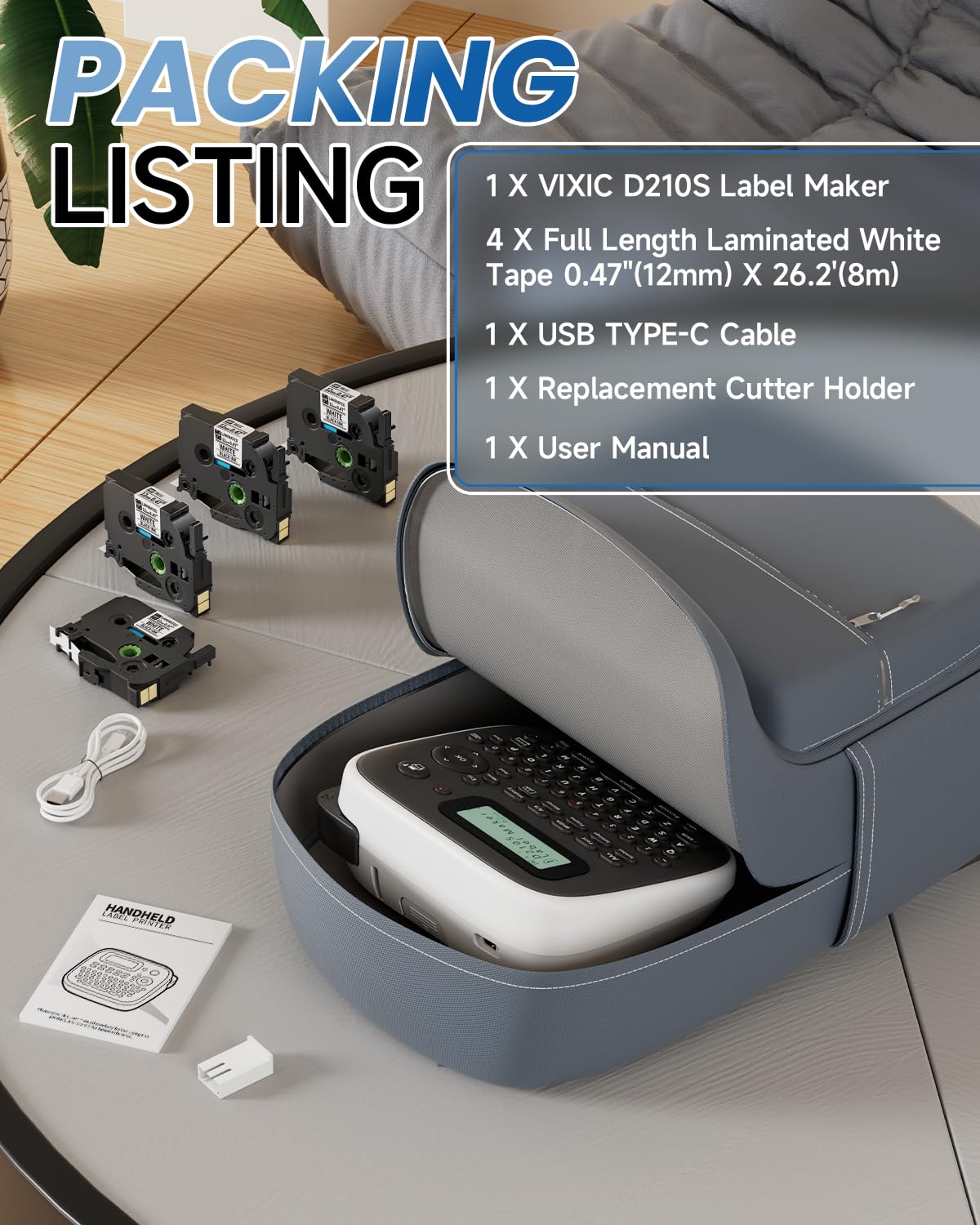 Vixic Label Makers, D210S Label Maker Machine with Tapes, Label Maker Waterproof-Labels, Portable Label Machine with Keyboard Powered by Type-C, Handheld Labeler Machine for School Office Organization