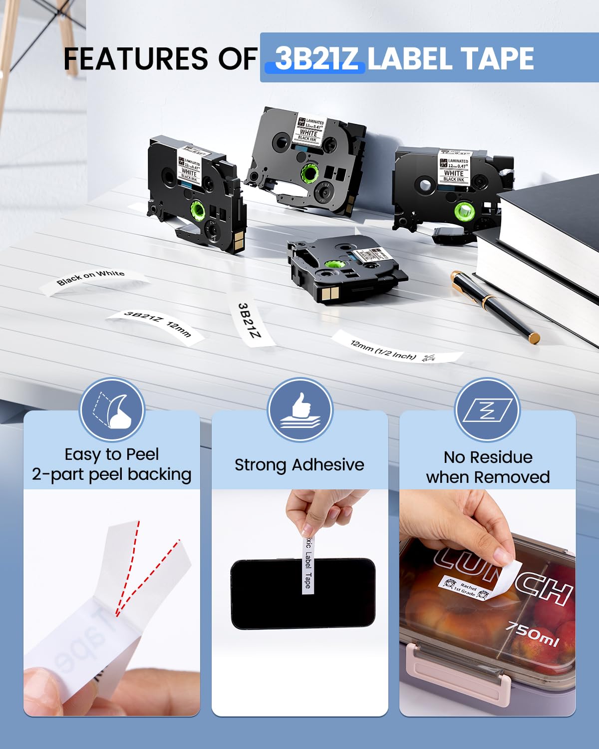 Compatible with Brother Ptouch Tape 12mm 0.47 White BZ TZ Tape Work with Vixic D210S H1100 E1000 P3200 D480BT P780BT & P Touch PT-D210 PT-D220 PT-D200 PT-H100 D400 D410 1180 1280 1890 Label Maker