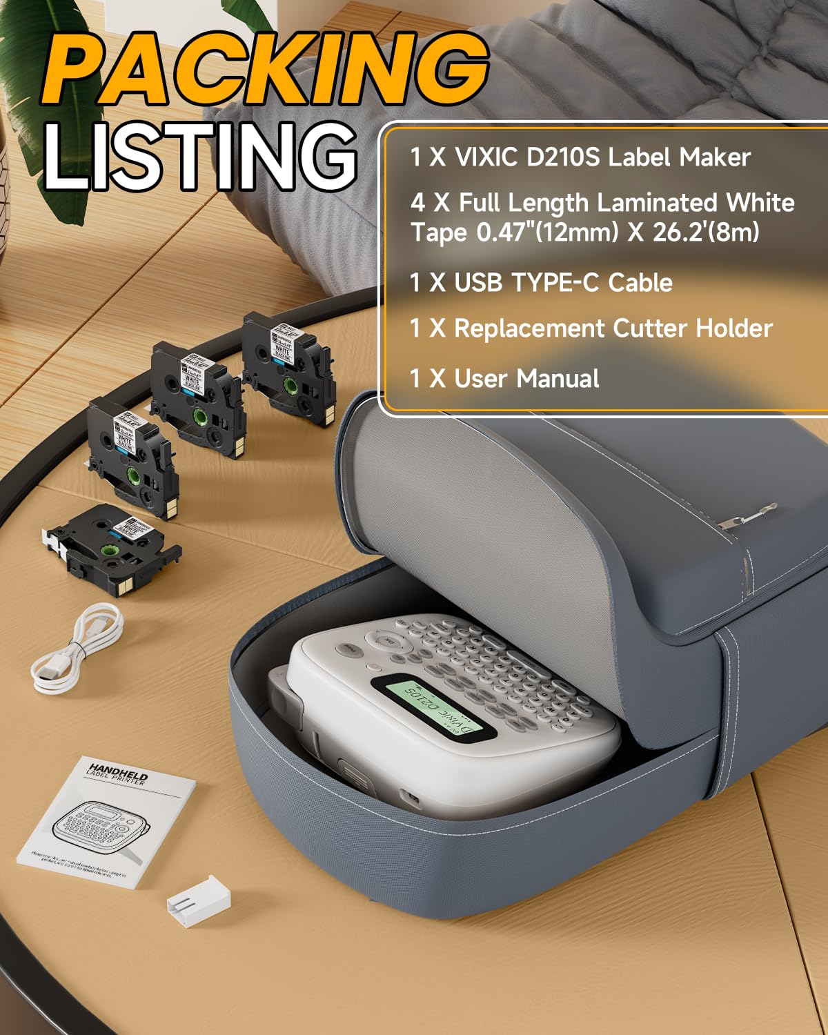 Vixic Label Maker Machine, D210S Label Maker Machine with Tapes Waterproof, Handheld Label Machine with Keyboard Powered by USB-C, Labeler with Chain Print Reduce Wastes for Home Office Organization