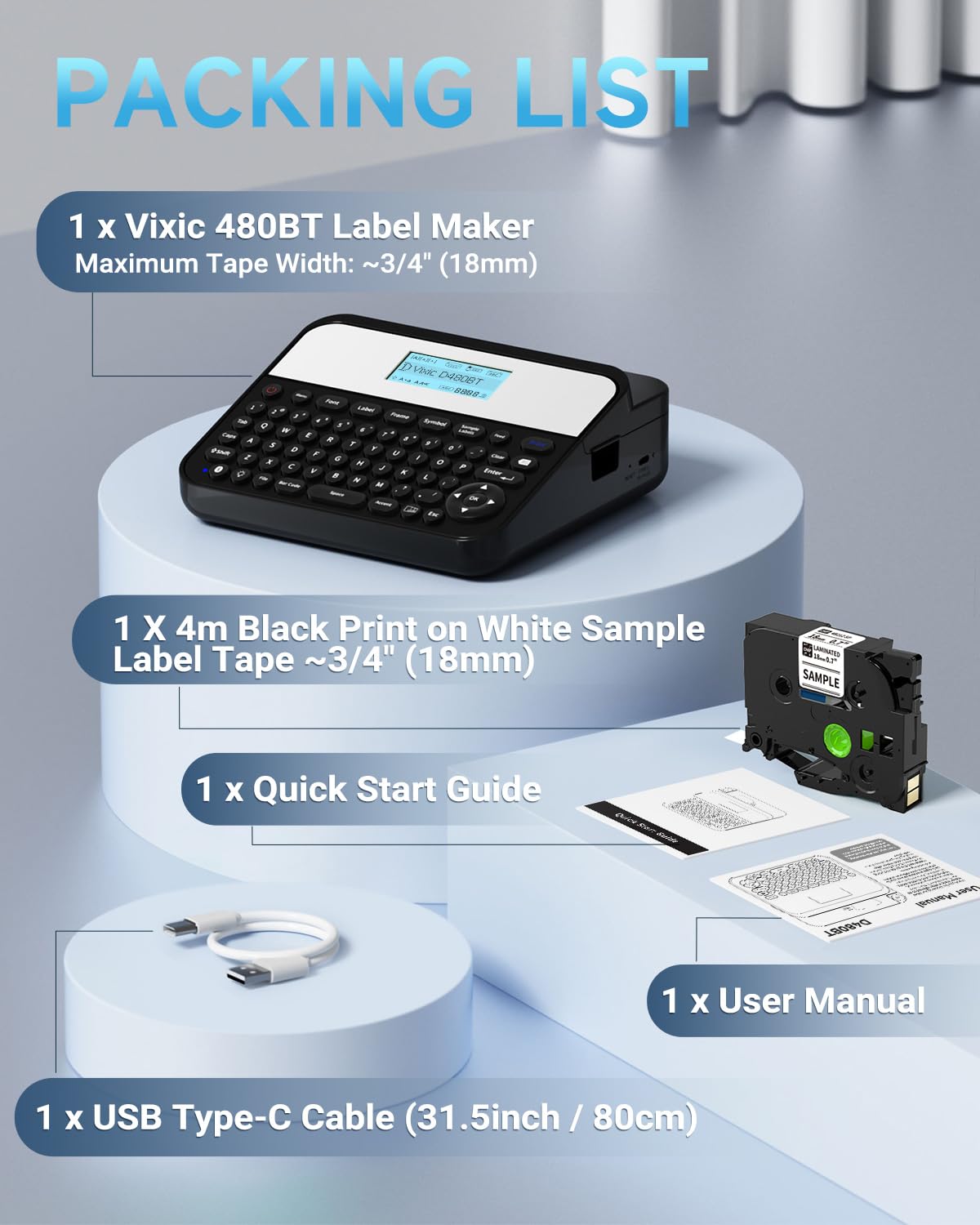 Vixic Label Maker, D480BT Advanced Label Maker Machine with-Tape, Bluetooth Rechargeable Label-Maker with Keyboard & Backlight Screen, Create Via Waterproof Label Up to 3/4 Inch for Organization