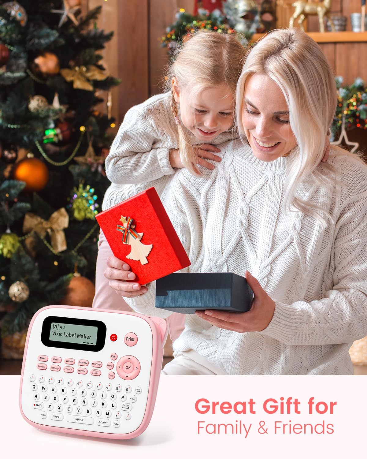 Vixic Pink Label Maker, D210S Label Maker with Tapes Waterproof, Handheld Label Makers Labeler Includes USB-C for Power, Easy-to-Read Screen, Multiple Fonts Icons Frames for Home Office Organization