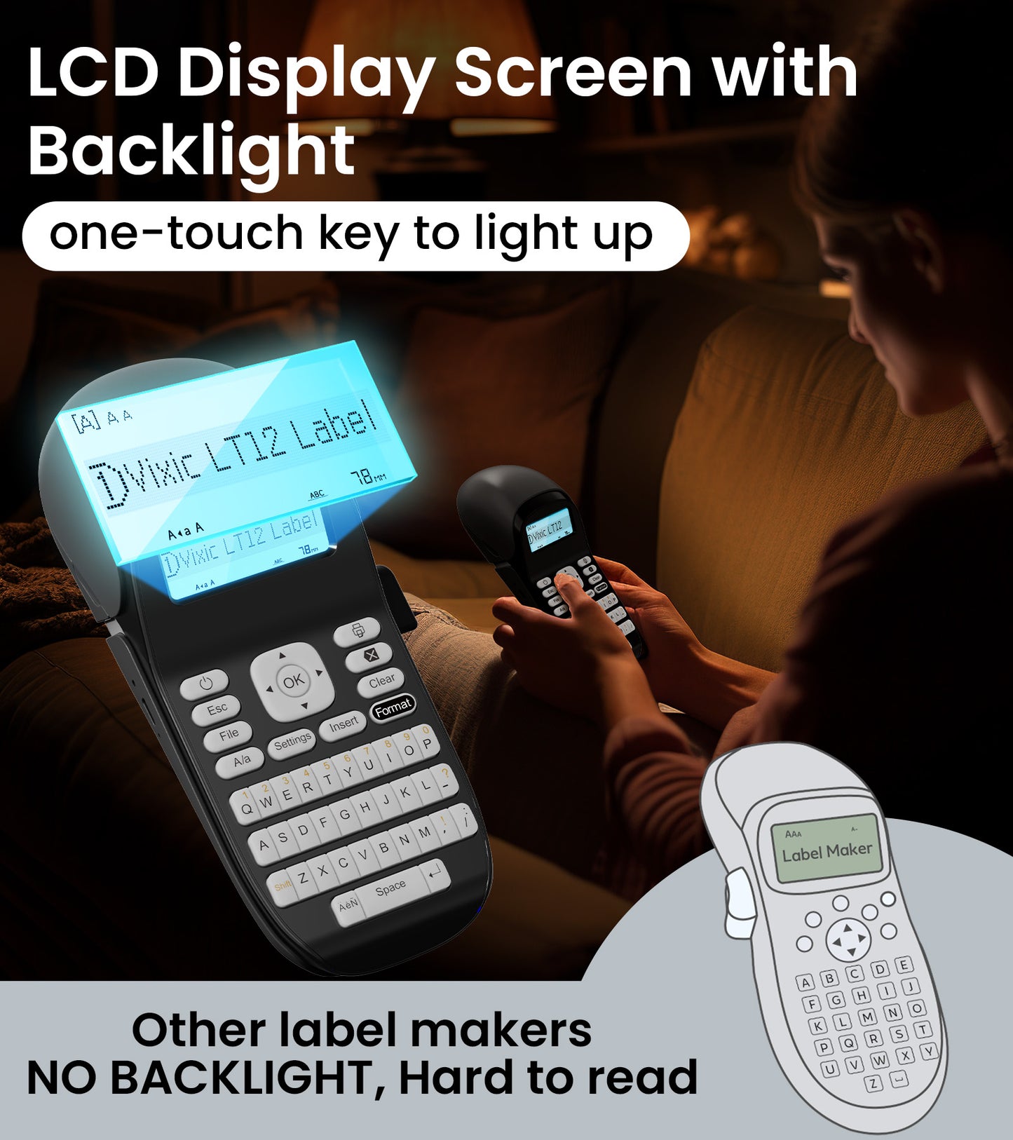 Vixic Label Maker Machine with-Tape Waterproof LT12, Backlit Screen Label Makers with Keyboard, Portable Handheld Labeler Machine with Durable Battery, Versatile App with 1600+ icon,160+fonts, Inkless