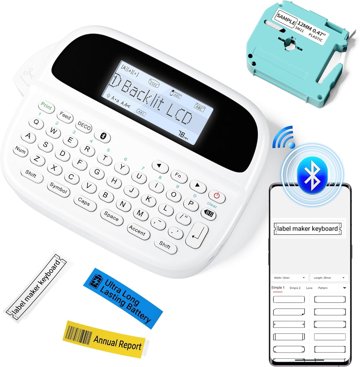 Vixic Label Maker, M950 Label Maker Machine with Tapes, Bluetooth Rechargeable Label Maker with QWERTY Keyboard, Backlighting LCD Screen Mini Labeler, Home School Office Organization