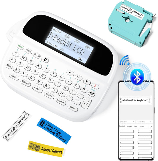 Vixic Label Maker, M950 Label Maker Machine with Tapes, Bluetooth Rechargeable Label Maker with QWERTY Keyboard, Backlighting LCD Screen Mini Labeler, Home School Office Organization