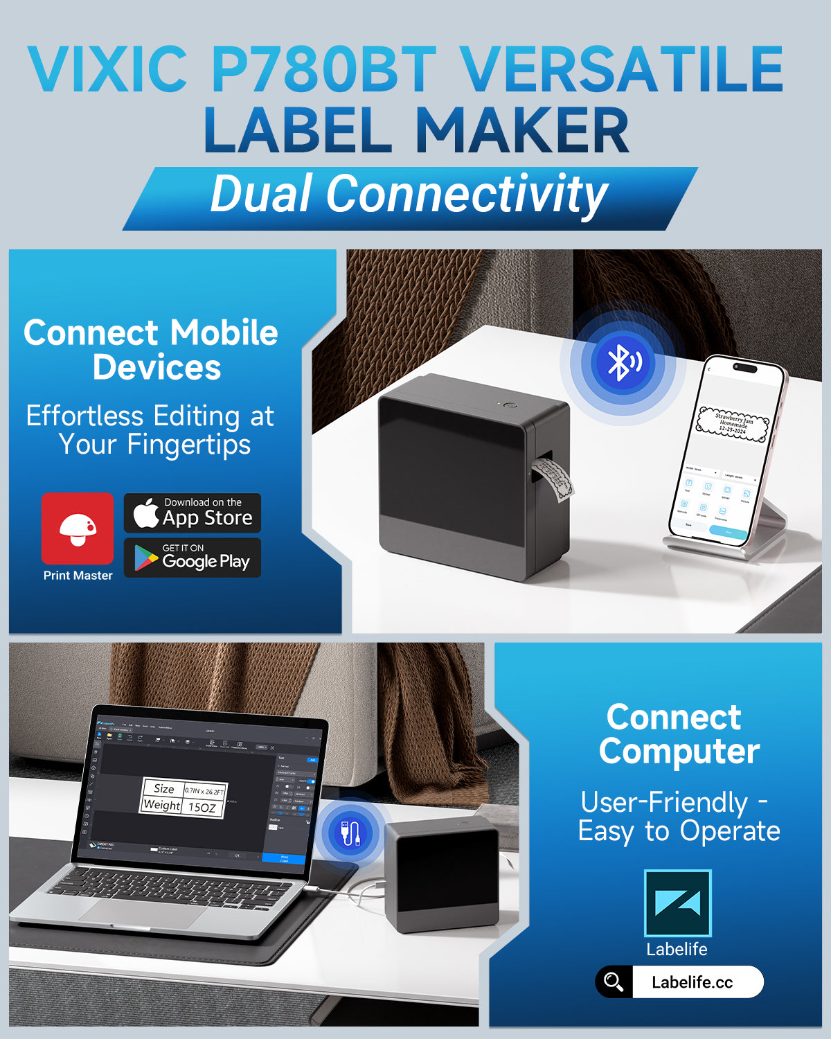 Label Maker Machine, P780BT Bluetooth Label Printer, Connect PC & Phone, Rechargeable, Portable, Auto Cutting, Up to 24mm BZ Labels Grey