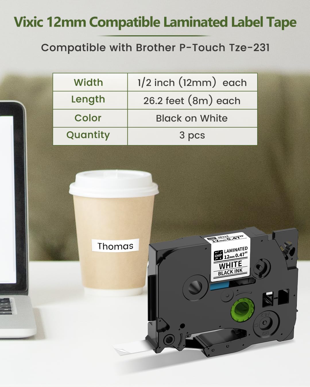 TZe-231 12mm Kompatibel für Brother P-touch Bänder 12mm Weiß TZ Tape 12mm 0.47 TZe231 AZe231 P touch Schriftband