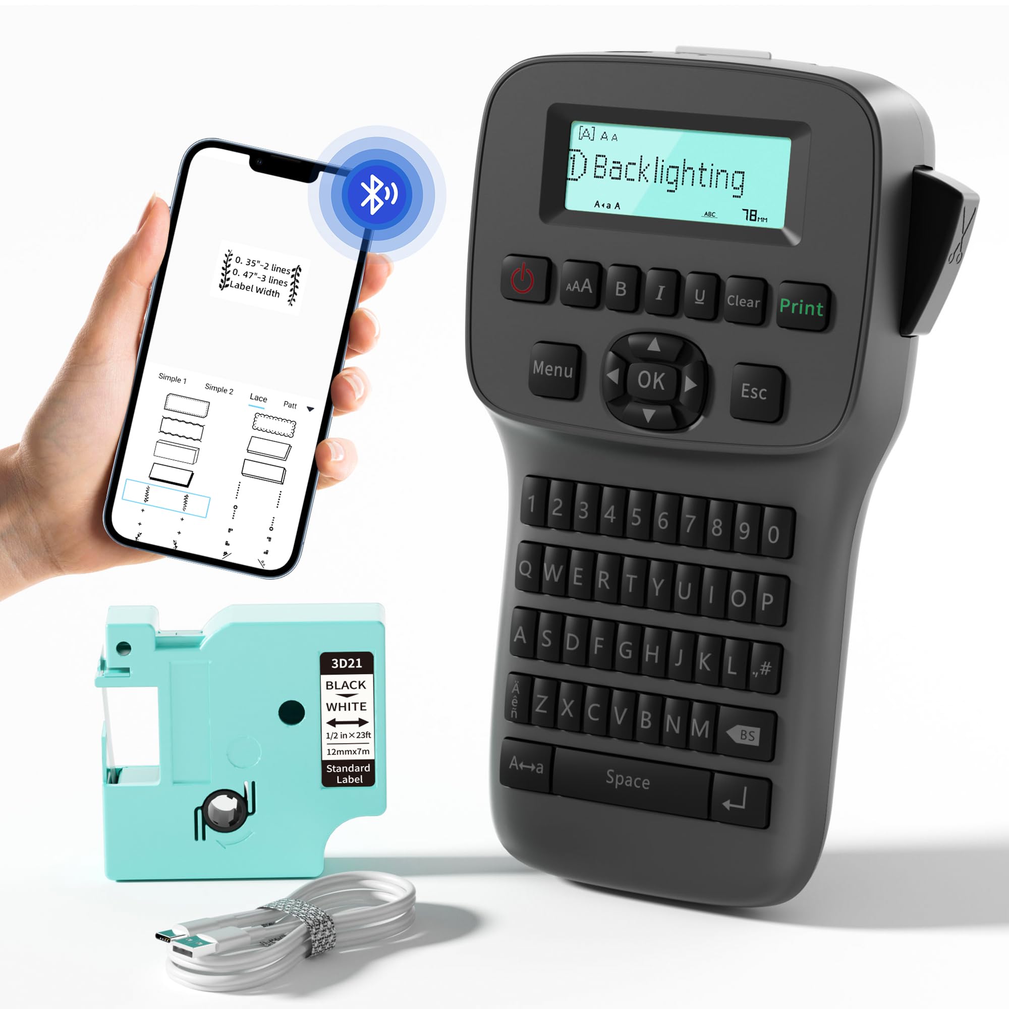 Portable Label Maker Machine with DZ Tape, Backlighting LCD Screen LM1 ...