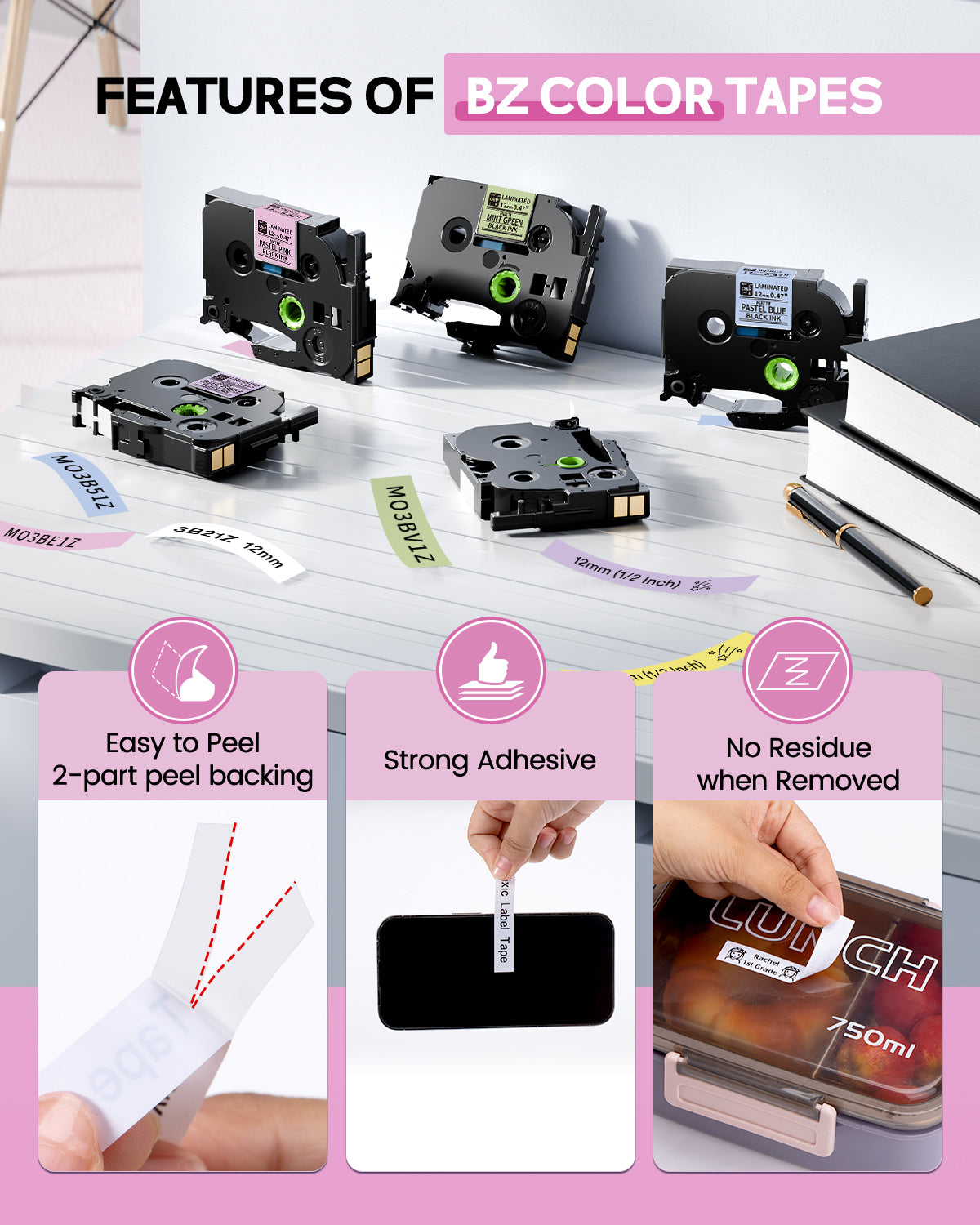 Label Maker Tape BZ Tapes Color for D210S H1100 D480BT P780BT E1000 P3200 Label Makers Compatible with Brother TZe TZ Tape 12mm 0.47 Laminated for P Touch PT-D210 PT-H110 PT-D220 PTD610BT,6-Pack