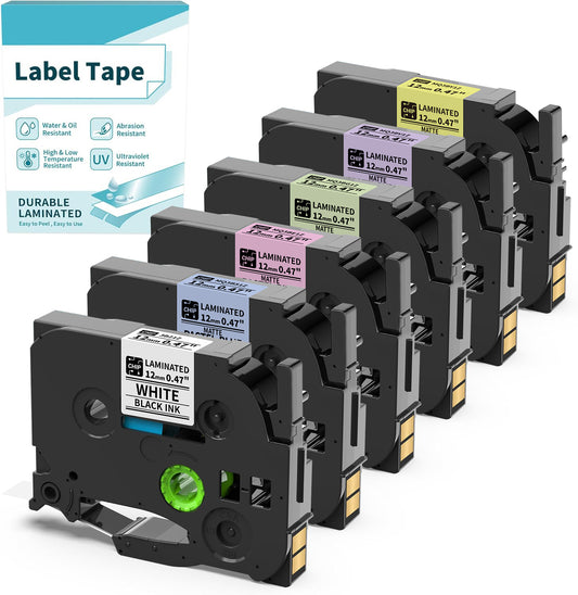 Label Maker Tape BZ Tapes Color for D210S H1100 D480BT P780BT E1000 P3200 Label Makers Compatible with Brother TZe TZ Tape 12mm 0.47 Laminated for P Touch PT-D210 PT-H110 PT-D220 PTD610BT,6-Pack
