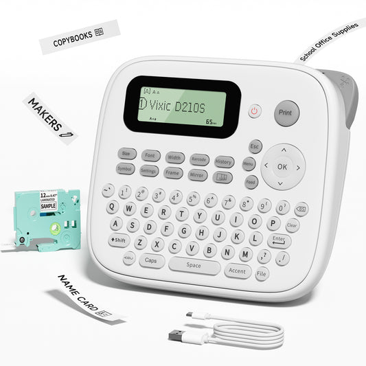 Vixic D210S Label Maker Machine with-Tape, 2024 New Version Label Printer for Office Supplies Organization, Portable Sticker Labeler QWERTY Keyboard Multiple Font Icon Inkless for Home School, White