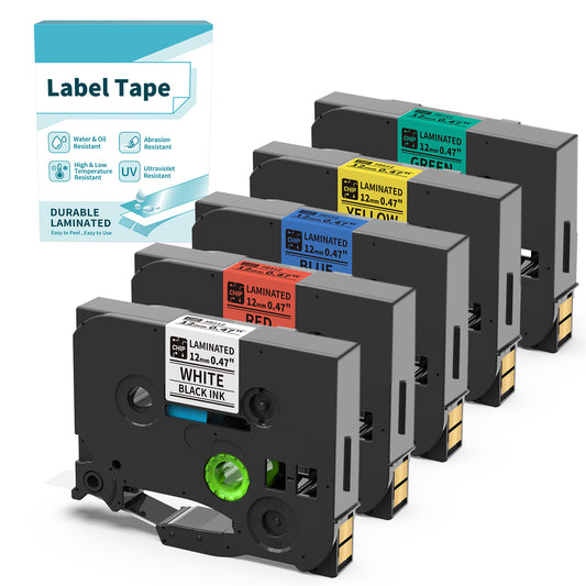 Vixic 12mm 0.47 Laminated Color BZ Tapes for H1100 D210S D480BT P780BT E1000 P3200 Labeler Compatible with Brother Ptouch PT-D210 PT-D220 PT-H110 PT-D600 D400 Label Maker, White/Red/Blue/Yellow/Green