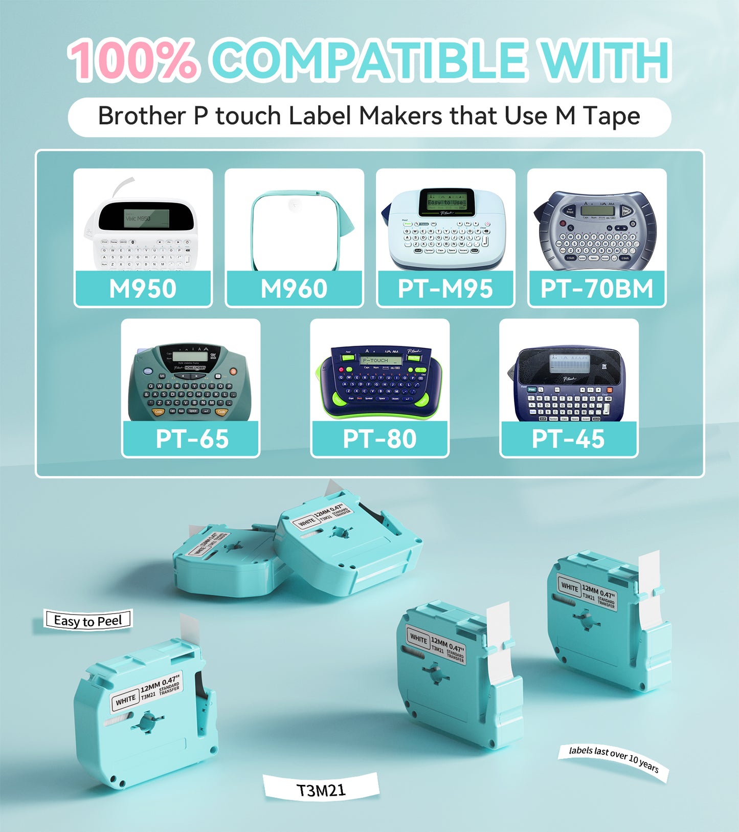 Vixic M950 M960 Label Tape Replacement for Brother M Tape M-K231s M231 MK231 M-231  Compatible with Brother PT-M95 PT-70BM PT-65 PT-80 PT-45 Label Maker,12mm 0.47 White,5 Pack