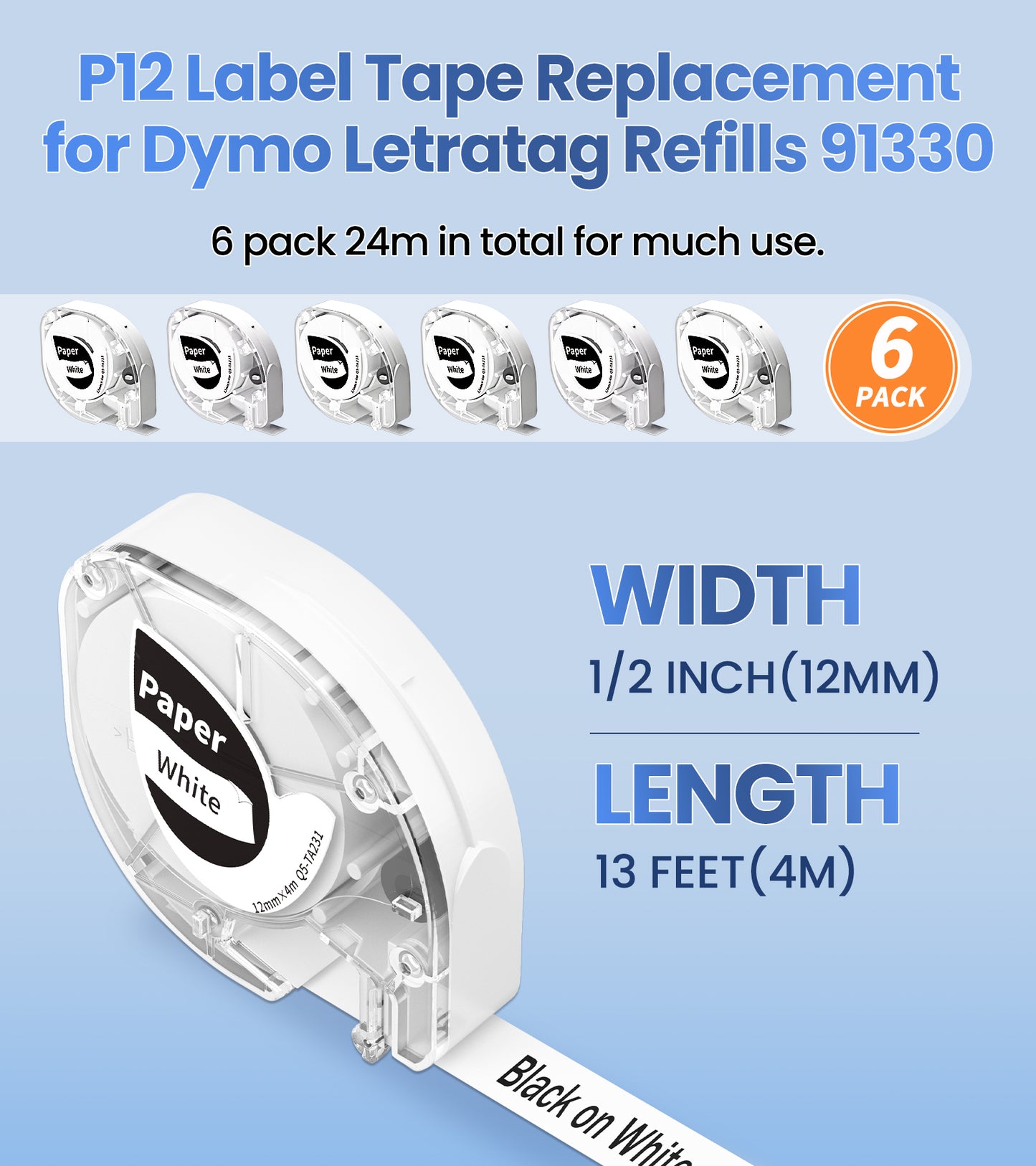 Vixic LT12 Paper White Tape Replacement for Dymo Label Maker Refills 91330 10697,Compatible with Dymo Letratag Refills 200B LT 100H 100T Plus Label Makers,6-Pack