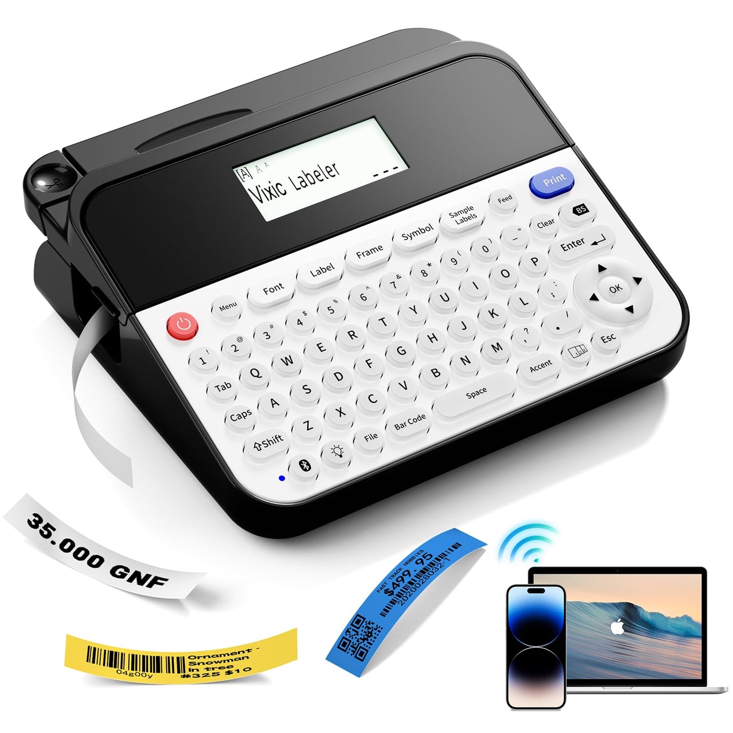 Vixic Label Printer D480BT Business PC Connectable Label Maker Machine with Tape Connect and Create via Bluetooth, Handheld, Rechargeable 18mm Keyboard Label Maker for Office Organization