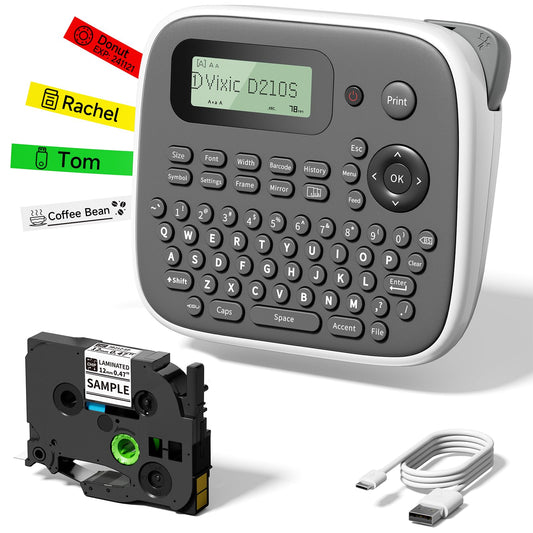 Vixic Label Makers, Label Maker Machine with-Tape 12mm 0.47 Laminated White, D210S Portable Label Maker with Keyboard, Labeling Machine with Multiple Fonts for Home Office