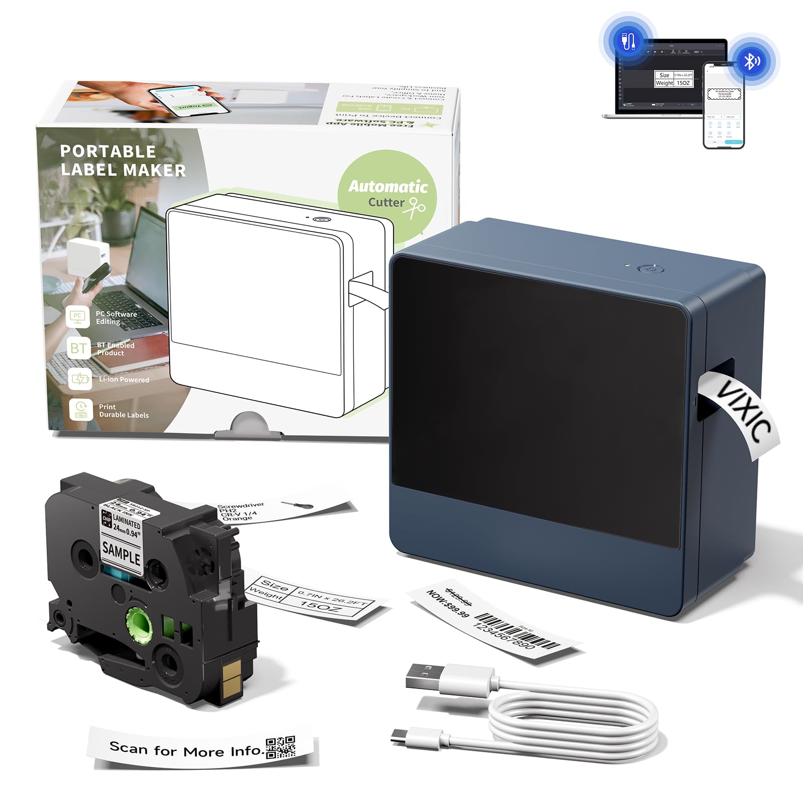 Vixic P780BT Portable Label Maker Machine With-Tape, Rechargeable Labe