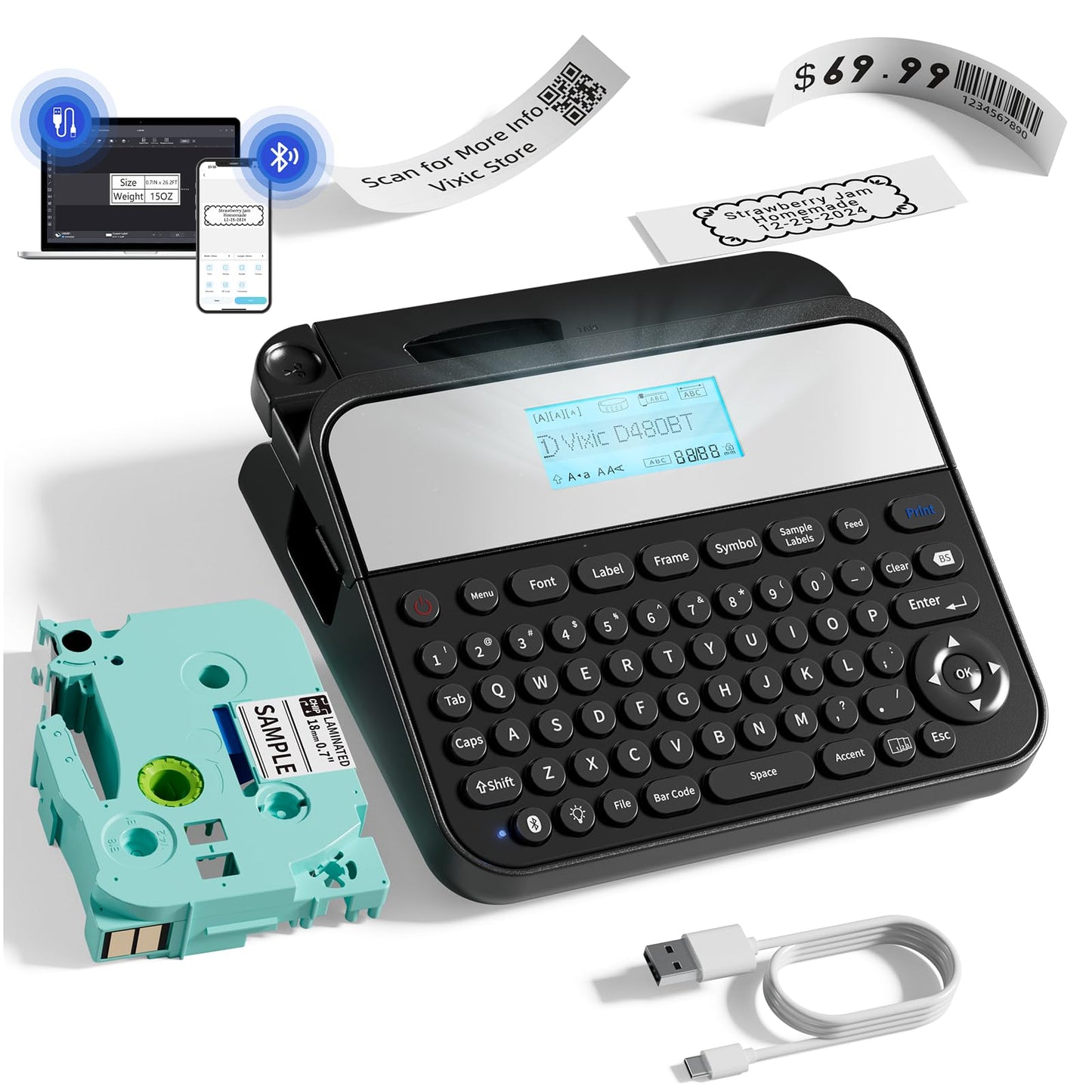 Vixic Label Printer, D480BT Advanced Label Maker Machine with-Tape, Bluetooth Rechargeable Label-Maker with Keyboard & Backlight Screen