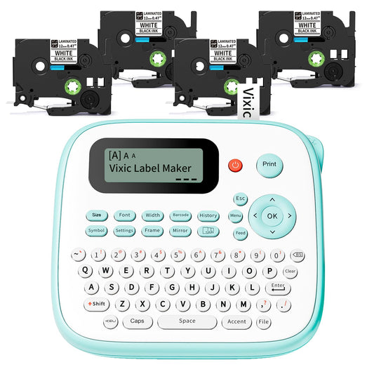 Vixic Label Maker, D210S Label Maker Machine with 4 Laminated Tapes, 12mm Labeler Labelmaker with QWERTY Keyboard, Print Different Fonts Frame Barcode for Home Office School, Green