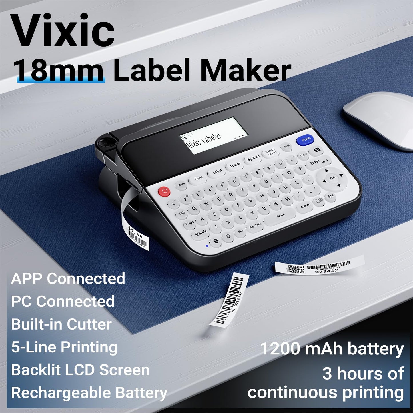 Vixic Label Printer D480BT Business PC Connectable Label Maker Machine with Tape Connect and Create via Bluetooth, Handheld, Rechargeable 18mm Keyboard Label Maker for Office Organization