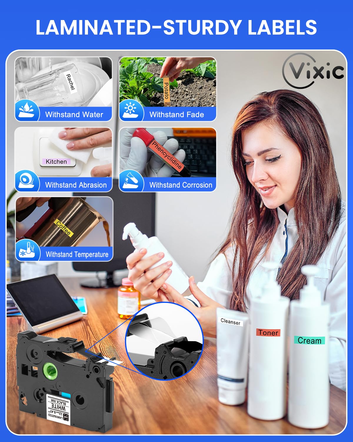 Vixic BZ Tape Laminated Color 12mm 0.47 Inch H1100 D210S E1000 P780BT D480BT P3200 Label Maker Tape Compatible with Brother P Touch Label Tape TZe Tz for PT-H100 H110 D200 PT-P700 PT-P750W PT-D210