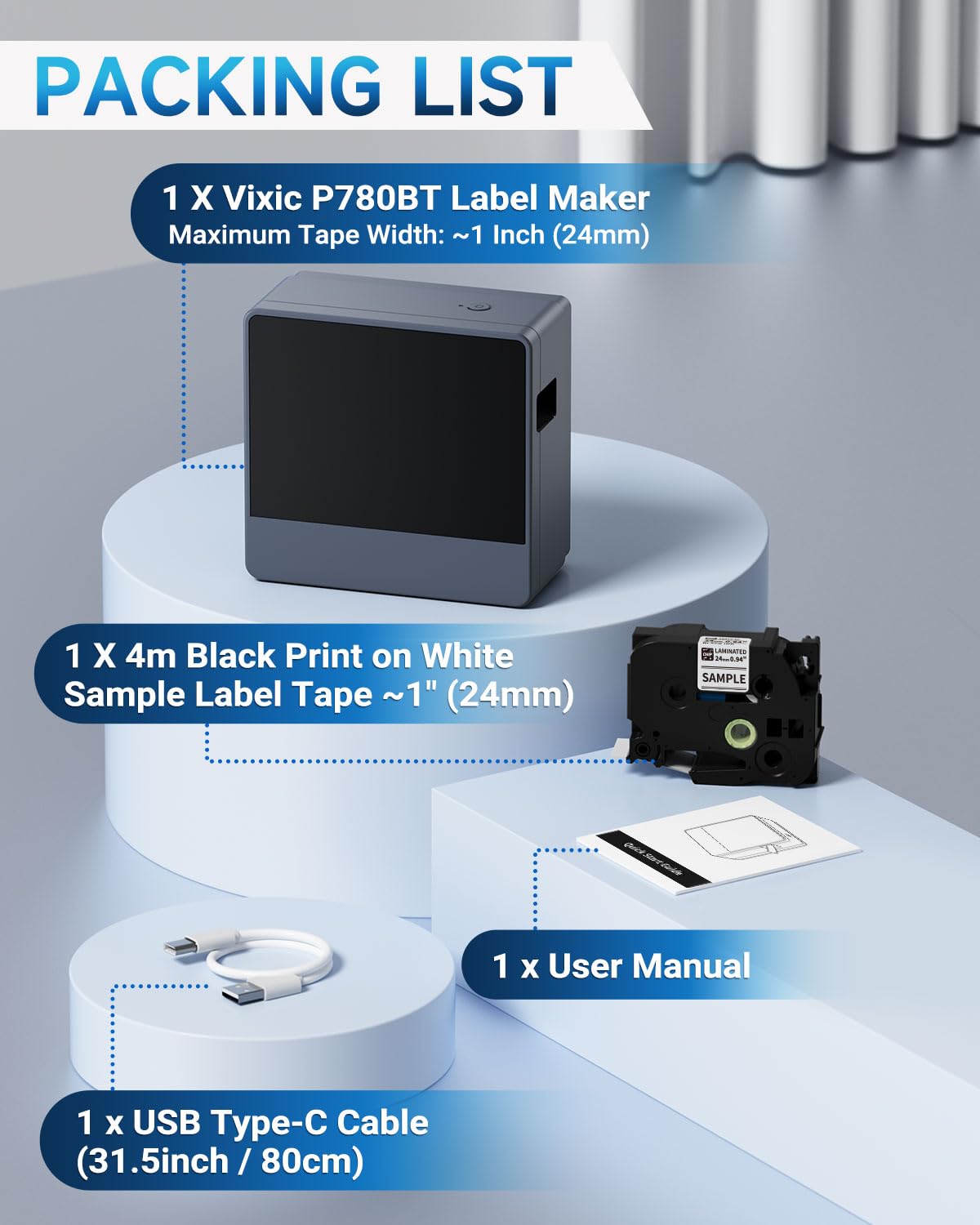 Vixic P780BT Portable Label Maker Machine With-Tape, Rechargeable Label Printer With Bluetooth & PC Connectable On BZ-Tape Up To 1 Inch, Blue