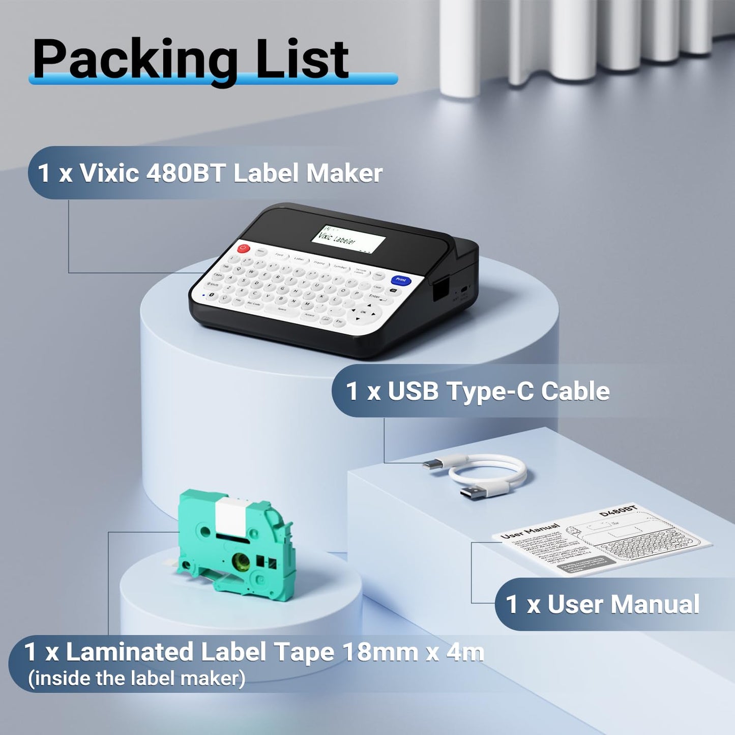 Vixic Label Printer D480BT Business PC Connectable Label Maker Machine with Tape Connect and Create via Bluetooth, Handheld, Rechargeable 18mm Keyboard Label Maker for Office Organization