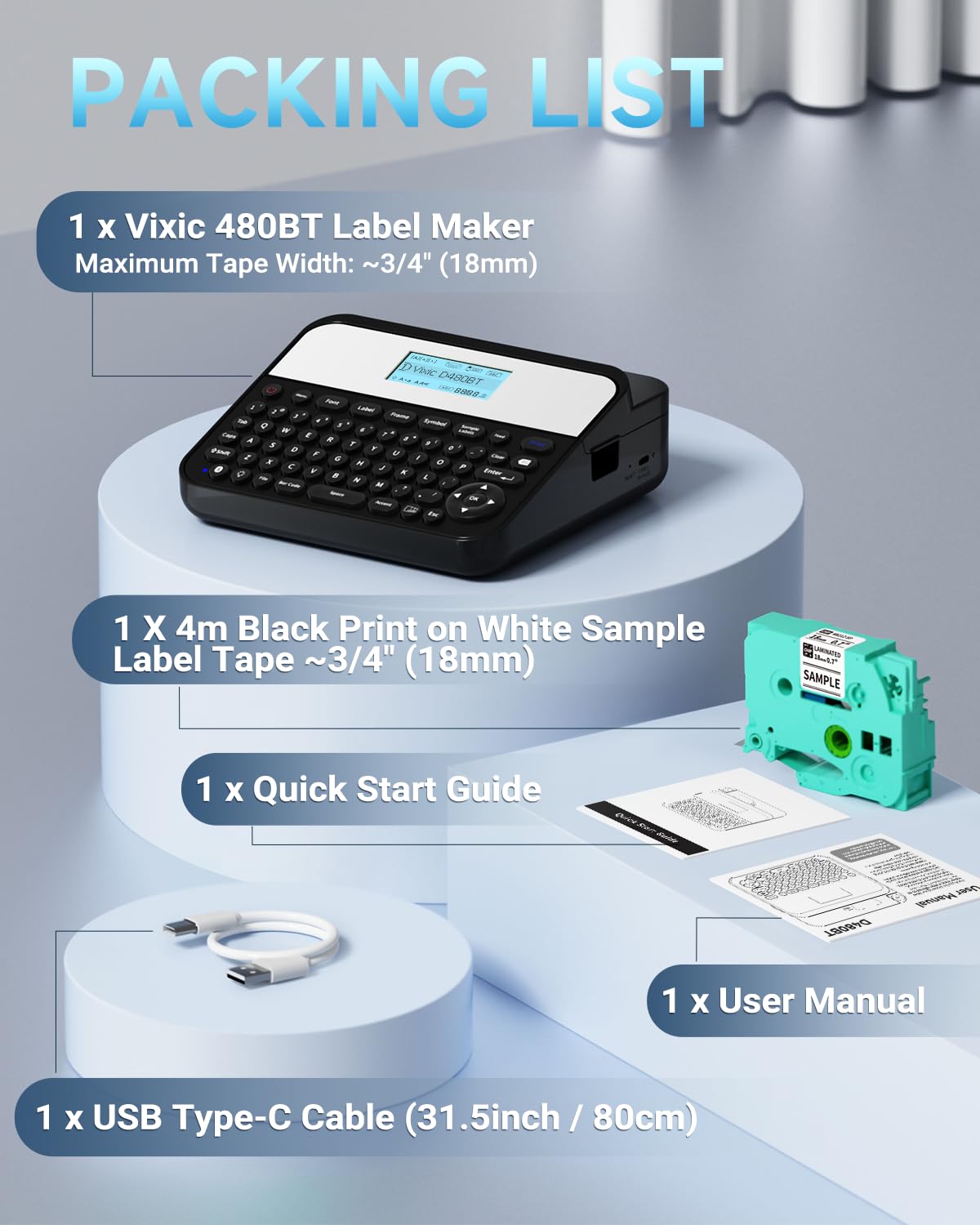 Vixic Label Printer, D480BT Advanced Label Maker Machine with-Tape, Bluetooth Rechargeable Label-Maker with Keyboard & Backlight Screen