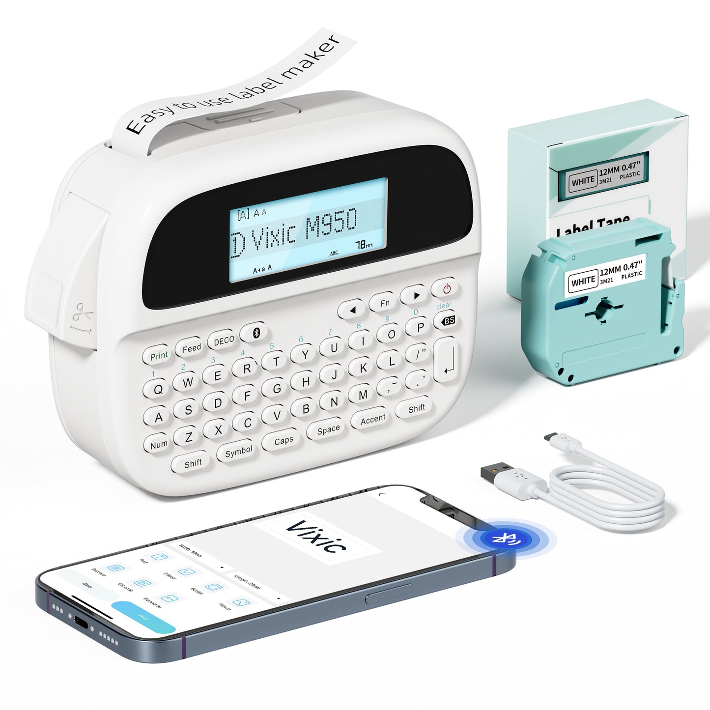 Label Maker, Label Maker Machine with-Tape, Rechargeable Portable Labeler with Backlit LCD, Handheld Label Maker with Keyboard, Multiple Font Frame Icon for Home school office organization, M950