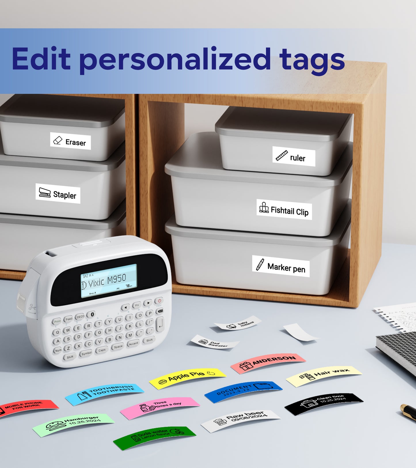 Label Maker, Label Maker Machine with-Tape, Rechargeable Portable Labeler with Backlit LCD, Handheld Label Maker with Keyboard, Multiple Font Frame Icon for Home school office organization, M950