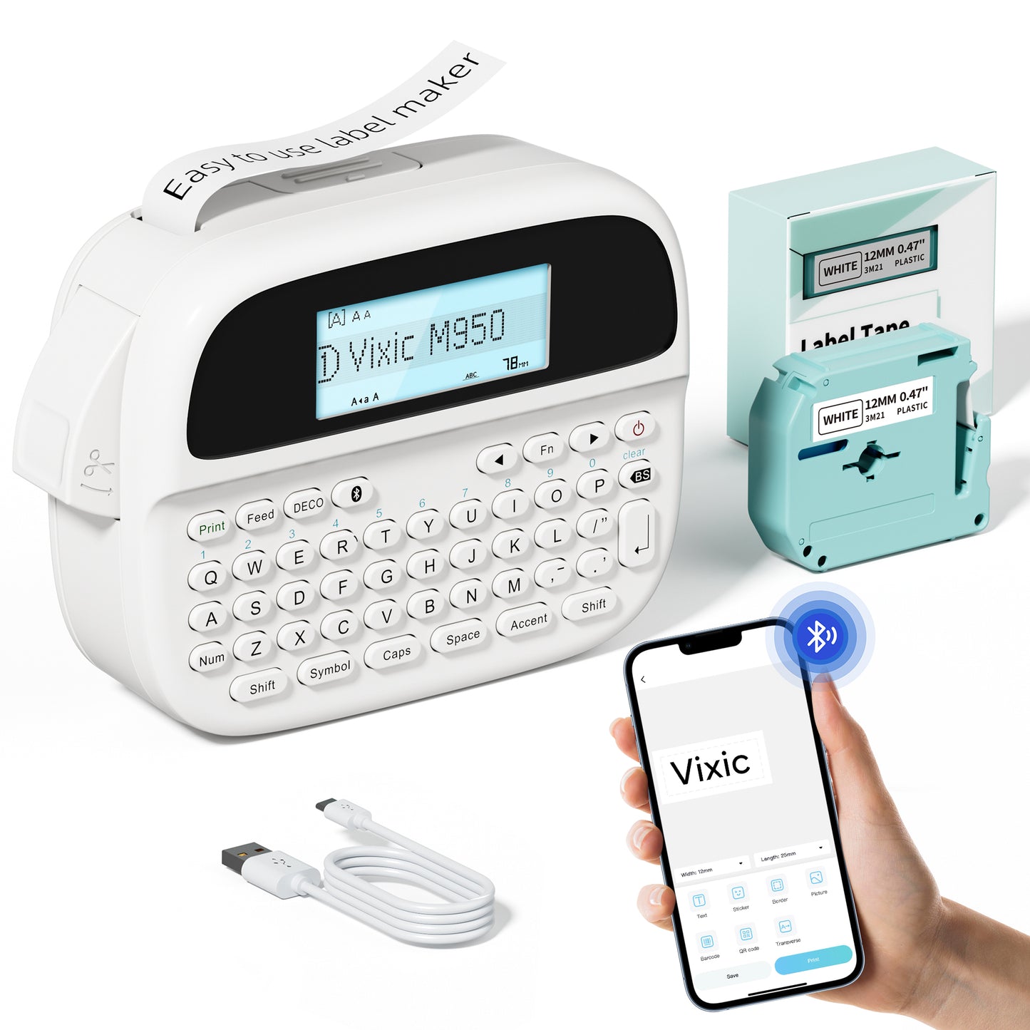 Label Maker, Label Maker Machine with-Tape, Rechargeable Portable Labeler with Backlit LCD, Handheld Label Maker with Keyboard, Multiple Font Frame Icon for Home school office organization, M950