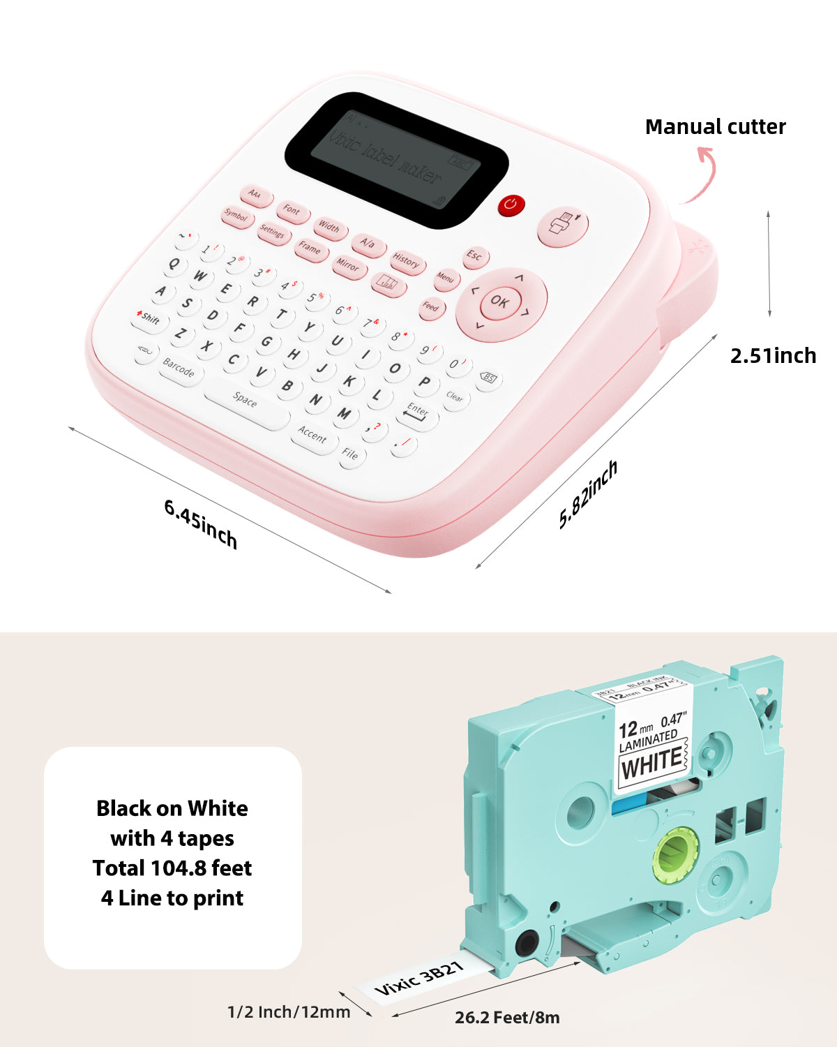 Vixic D210S Label Maker Machine with 4 Tape Pink